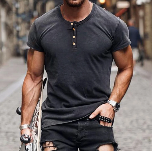 Men's Henley-neck Solid Color Breathable Casual T-Shirt